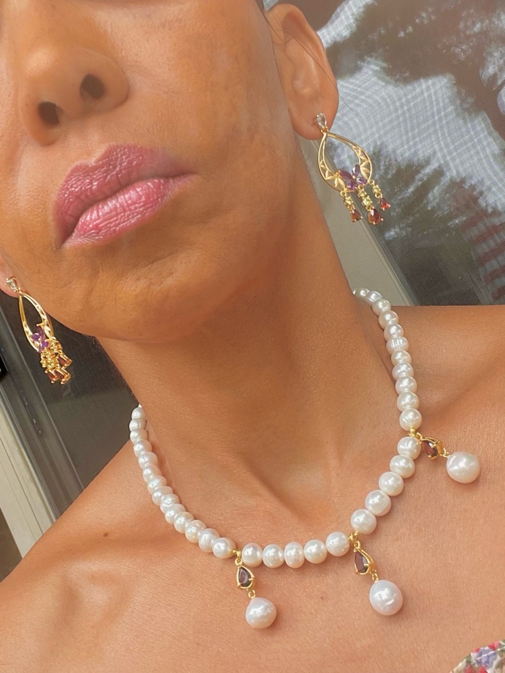 Elegant Pearl Necklace with Gold & Pink Accent Drops